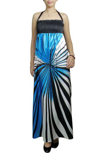 Blue Printing Smocked Halter Maxi Dress