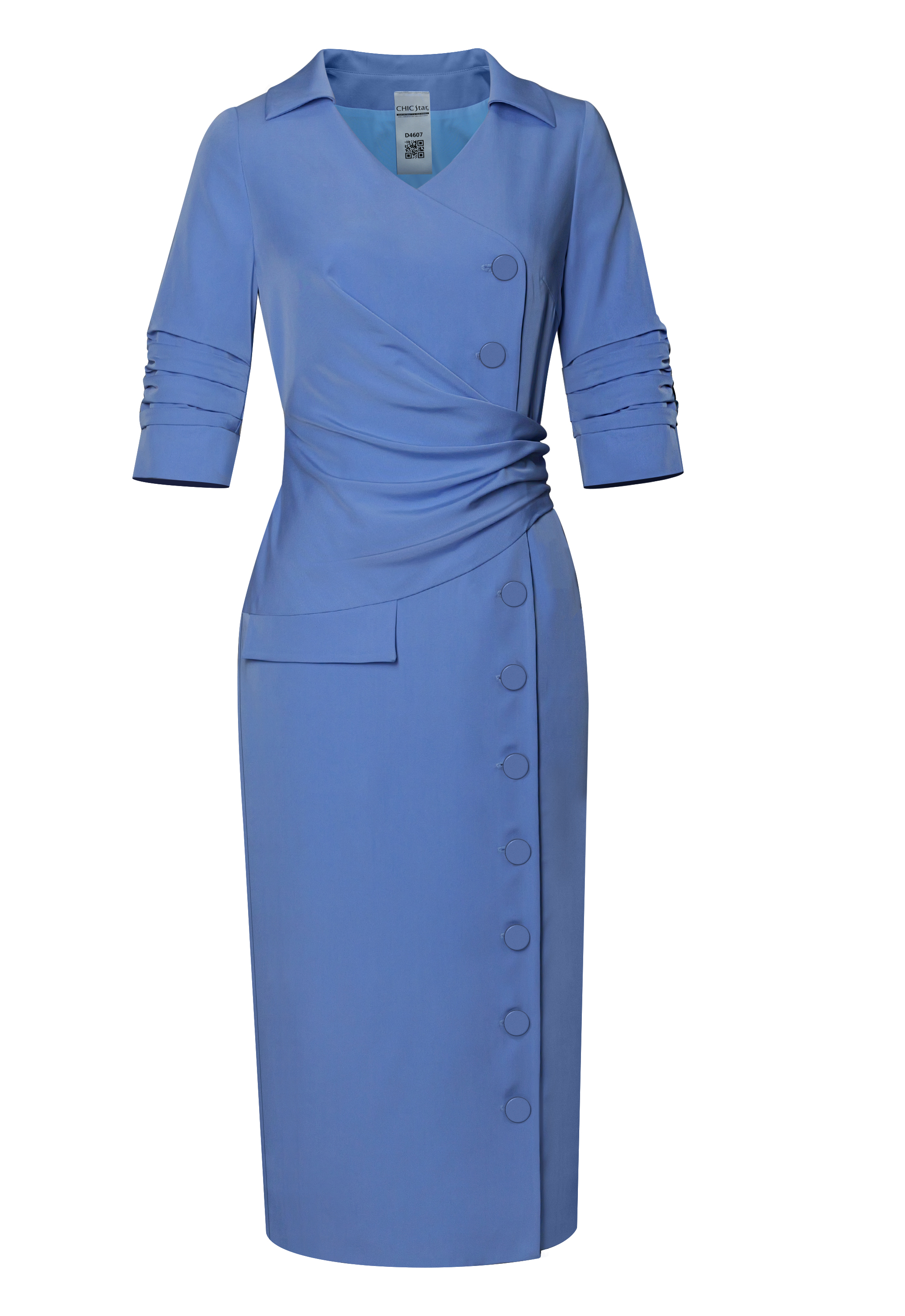 Wrap-style Dress, Button-down Front, Ruched Waist, Pleated Sleeves