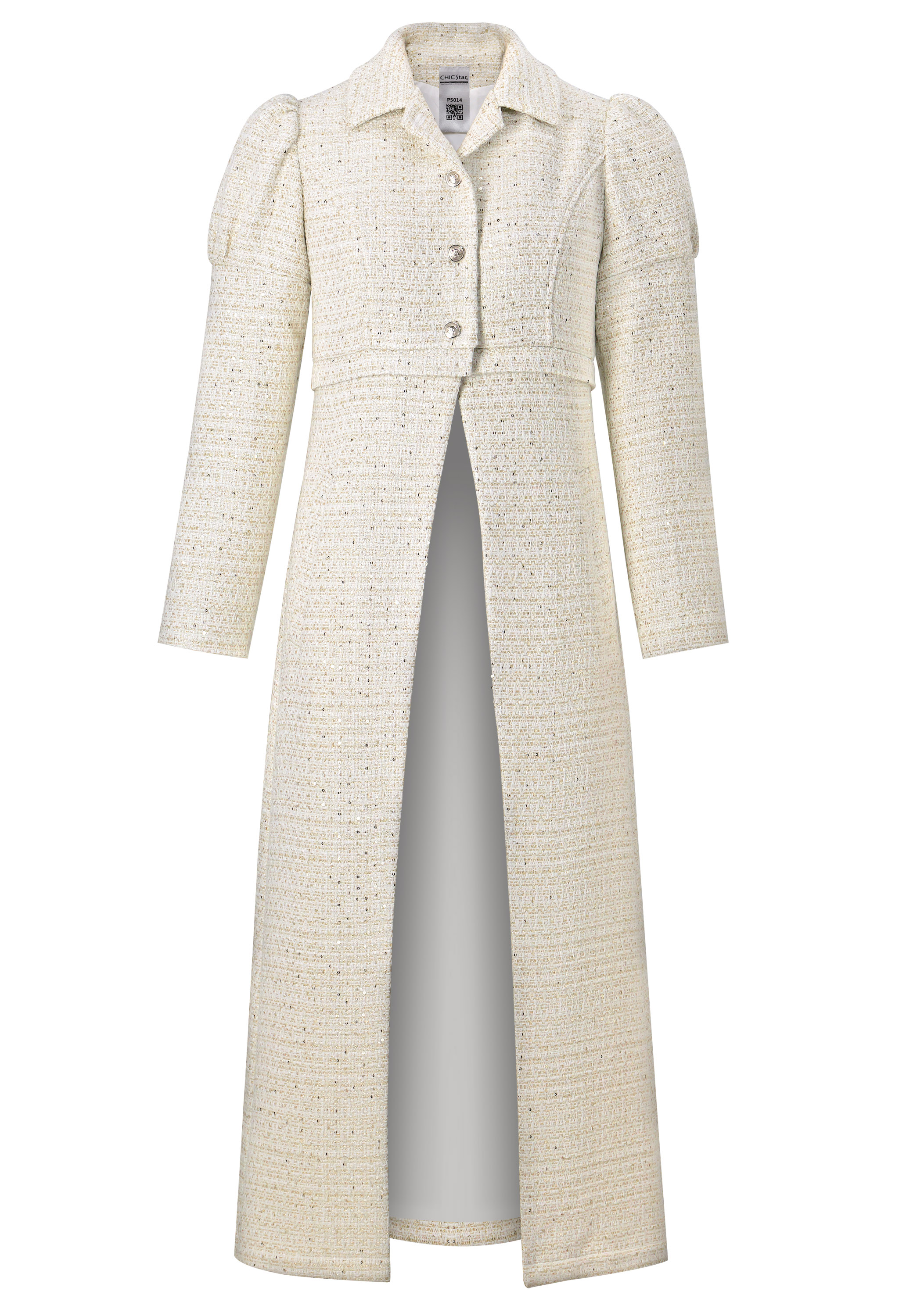 Tweed Coat, Sequined Boucle, Two-Piece Duster, Puff Sleeves, Button Closure