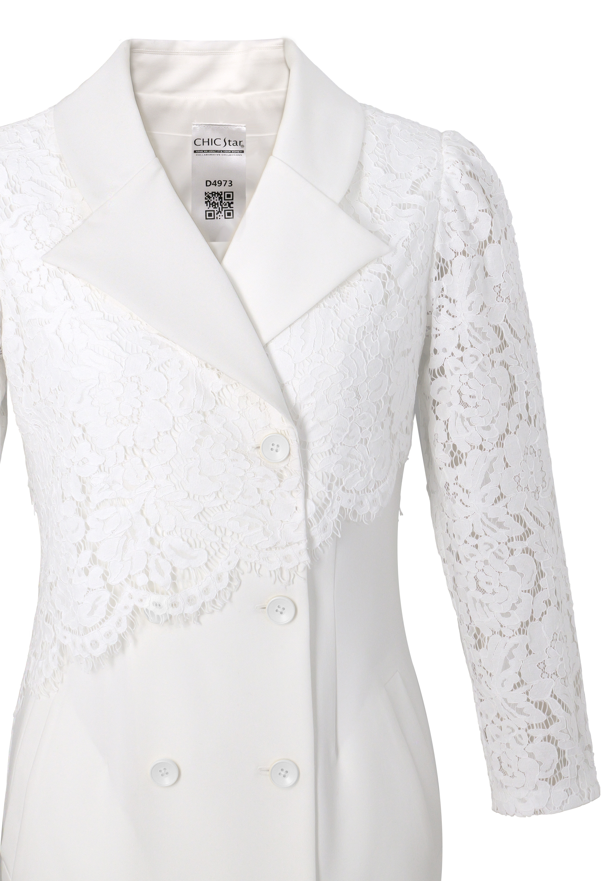 Blazer Dress, Lace Sleeves, Double-breasted Buttons,  Asymmetrical Lace Overlay