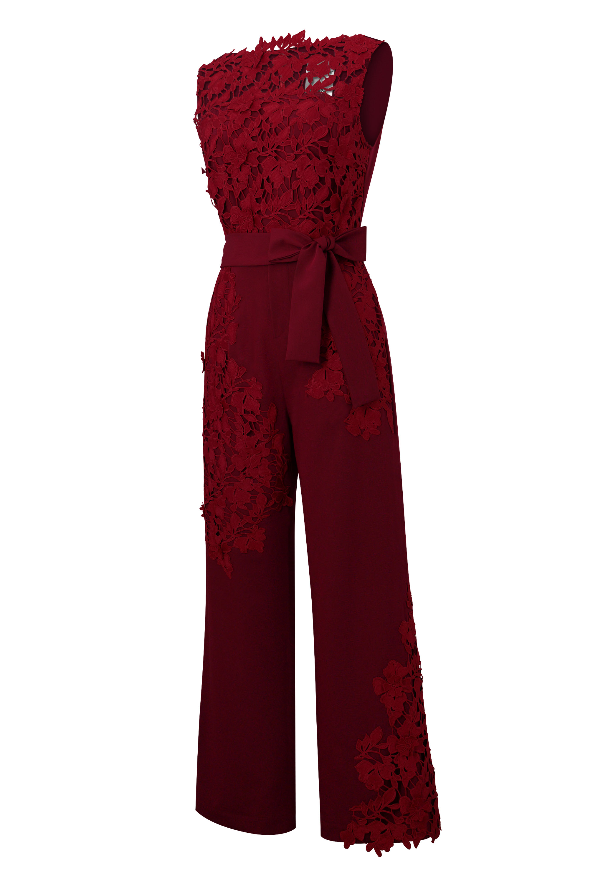 Lace Jumpsuit, Floral Applique Overlay, Wide-leg Pants, Waist Tie, Scalloped Neckline