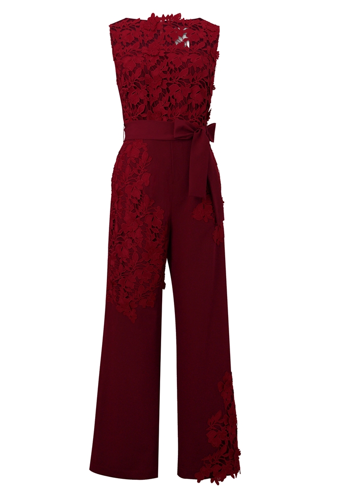 Lace Jumpsuit, Floral Applique Overlay, Wide-leg Pants, Waist Tie, Scalloped Neckline