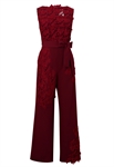 Lace Jumpsuit, Floral Applique Overlay, Wide-leg Pants, Waist Tie, Scalloped Neckline